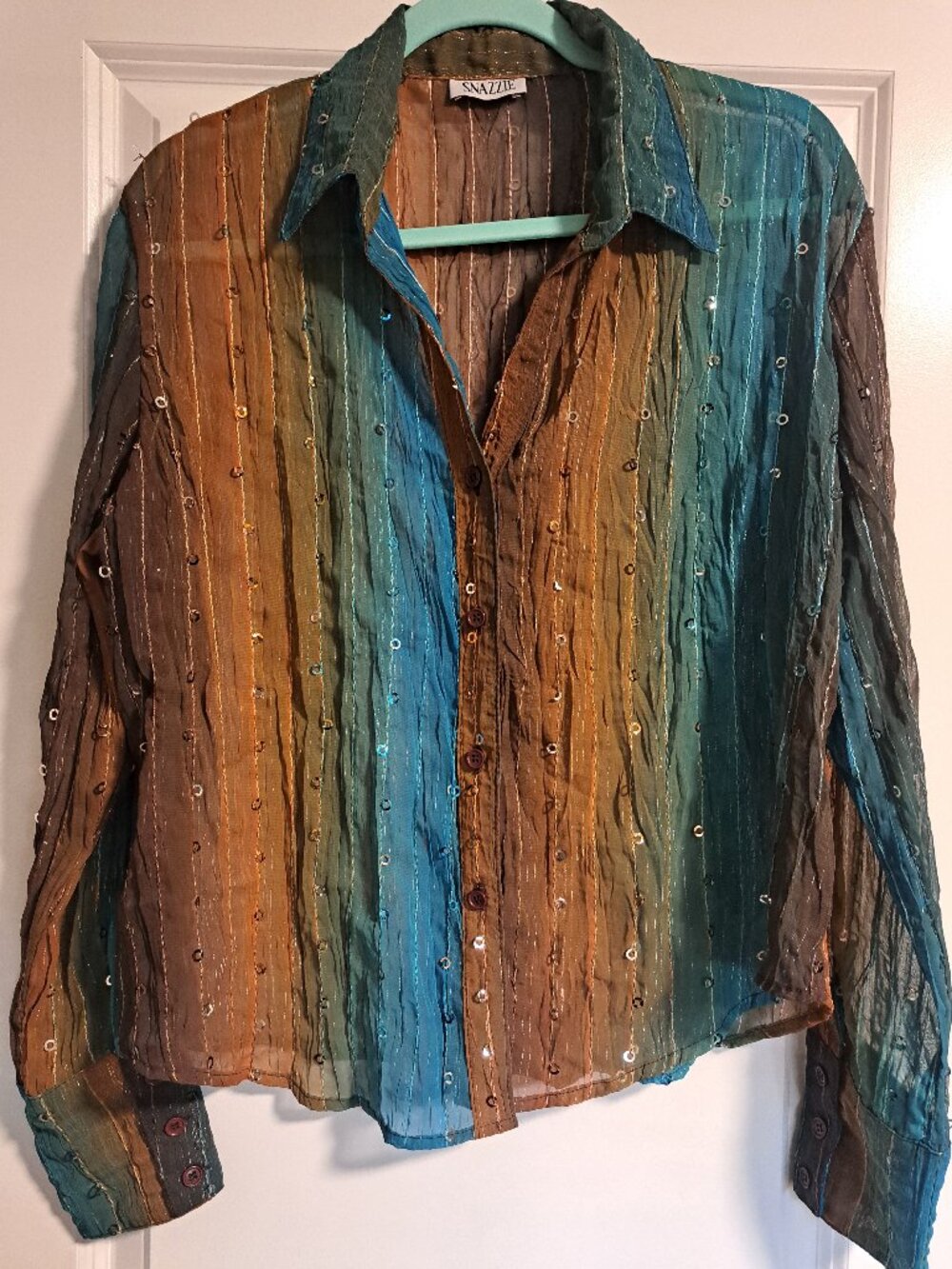 Sheer Teal & Brown Sequined Button Up
